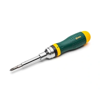Afbeelding van SATA ST09350 19 in 1 multifunctionele ratel schroevendraaier set met 8 dubbelzijdige bits en een groen geel oliebestendig handvat