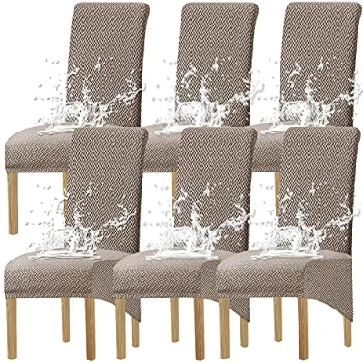 Afbeelding van KELUINA Waterdichte stoelhoezen voor eetkamerstoelen, XL, set van 2/4/6, verwijderbaar, wasbaar, stoel met hoge rug, jacquard, rekbaar (taupe, 6)