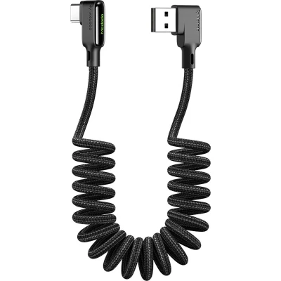 Afbeelding van Mcdodo Night Elf Spiraalkabel met led, hoek van 90 graden, opgerolde elastische USB C kabel, type C, intrekbare auto oplaadkabel, QC 4.0, voor Galaxy S10, S9, Huawei P20, P30, rekbaar tot 1,8 m, zwart
