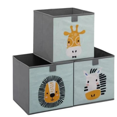 Afbeelding van Navaris opbergdozen voor kinderen Set van 3 opbergboxen met treklus 28 x cm Opvouwbaar Opbergmanden in mintgroen dierenmotief
