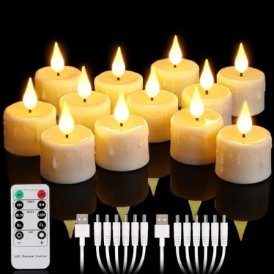 Afbeelding van yunsheng 12 stuks oplaadbare theelichtjes met afstandsbediening en 4/6 uurs timer, oplaadbaar, vlamloze flikkerende led kaarsen 2 USB kabel, 3D siliconen lont, warm wit licht voor