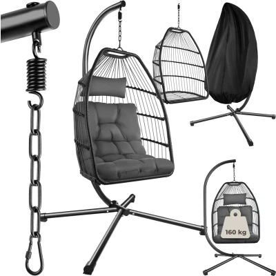 Afbeelding van tectake® Hangstoel Ariane met standaard en kussens Egg Cocoon 160kg donkergrijs 404980