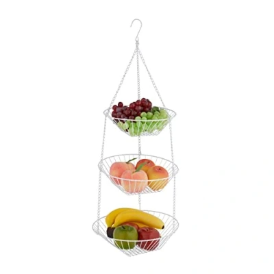 Afbeelding van Relaxdays hangende fruitmand fruitschaal etagère 3 lagen witte hangmand draadstaal