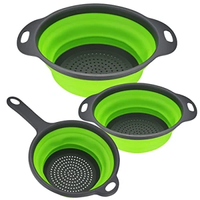 Afbeelding van Opvouwbare vergiet set, 3 stuks inklapbare siliconen filtermanden, afdruipregiet, pastazeef, keukenzeef met handvat, afwasbak van pasta, groenten, fruit groen