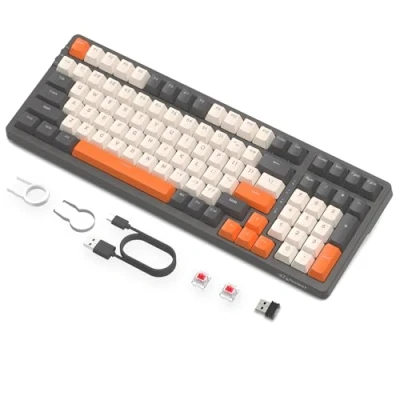 Afbeelding van Draadloos Hotswap Mechanisch Gaming Toetsenbord, Bedraad RGB Toetsenbord met Achtergrondverlichting, Rode Schakelaar, Bluetooth/2,4 Ghz/USB C 4000 mAh Batterij voor Mac/Win Grijs/Oranje