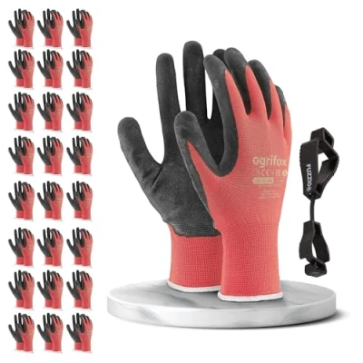 Afbeelding van 24 paar Ogrifox werkhandschoenen en een FUZZIO® clip handschoenhouder (L 9, rood)