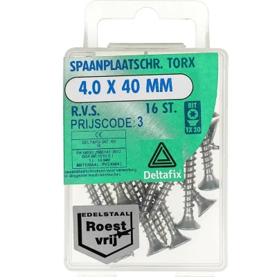 Afbeelding van Deltafix spaanplaatschroef platkop / torx r.v.s. a2 4.0 x 40 mm 16 st.