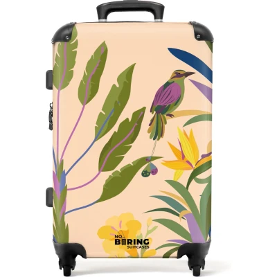 Afbeelding van NoBoringSuitcases.com® Koffer groot Rolkoffer lichtgewicht Oranje met tropische print Reiskoffer 4 wielen Grote trolley XL 20 kg bagage