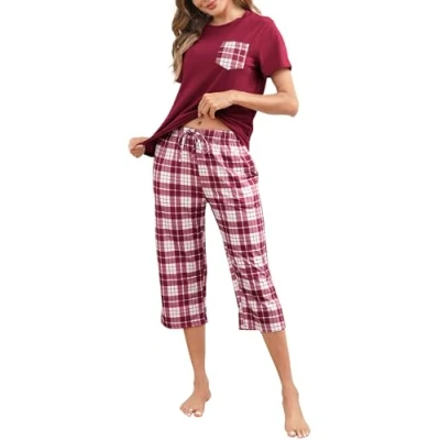Afbeelding van Reliwel pyjama dames geruit korte mouwen pyjamaset tweedelige top en 3/4 lange broek kort huispak sleepwear nachtkleding voor lente zomer herfst, grijs, XL