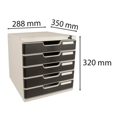 Afbeelding van Exacompta ref. 331014D Organisatiesysteem Ladebox MODULO A4 met 5 afsluitbare laden voor A4+ documenten Afmetingen: Diepte 35 x Breedte 28,8 Hoogte 32 cm Lichtgrijs/zwart