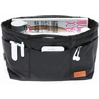 Afbeelding van iN. Purse Organizer Insert with zipper Nylon fabric for women Handbags &amp; Totebag black Size: Small: 13&quot;(Top)/8.7&quot;(Bottom) L x 4.7&quot; W 7.5&quot; H