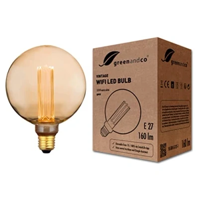 Afbeelding van greenandco® WiFi smart LED lamp met app (geen hub nodig) Vintage Design E27 G125, 3,8W 160lm 1800K 320 230V, geen flikkering, dimbaar, compatibel Alexa en Google Assistant
