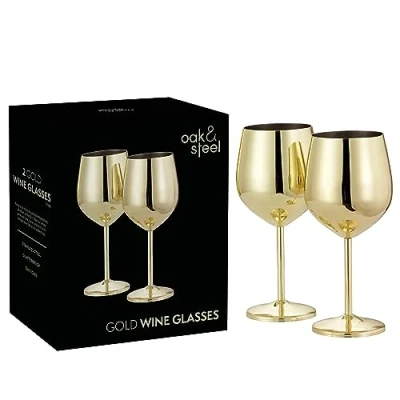 Afbeelding van Oak &amp; Steel 2 Gouden Wijnglazen, 520 ml Roestvrijstalen Wijnglazen met Geschenkdoos