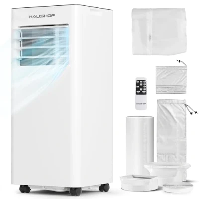 Afbeelding van HAUSHOF Mobiele airconditioning, 9000BTU, 4 in 1, koelen, ontvochtigen, ventilatoren, slapen, airconditioner, mobiel met afvoerslang, afstandsbediening, isolatiehoes voor ruimtes tot 30 m²