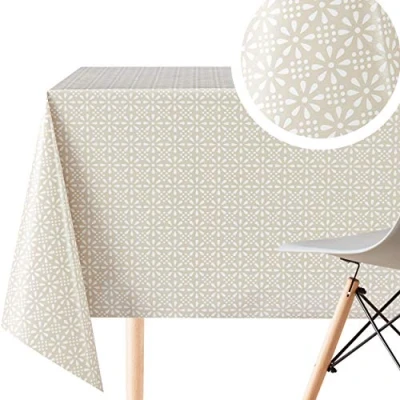 Afbeelding van KP HOME Pvc Tafelkleed Veeg Schoon Rechthoekig 250x140cm 98x55 Afveegbaar Waterdicht Plastic Keuken Beige Wit Retro Bloem