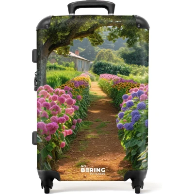 Afbeelding van NoBoringSuitcases.com® Koffer groot Rolkoffer lichtgewicht Tuinpad met bloemen Reiskoffer 4 wielen Grote trolley XL 20 kg bagage