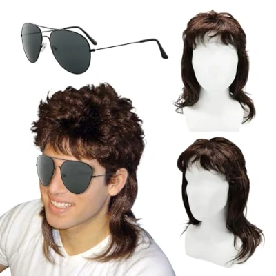 Afbeelding van XNIVUIS Vokuhila Pruik voor heren, bruin, krullend, blonde vokuhila, jaren 80, 70, cosplay, kostuum, Halloween, retro, disco, punk, rocker pruik, fancy party pruiken (2 stuks)