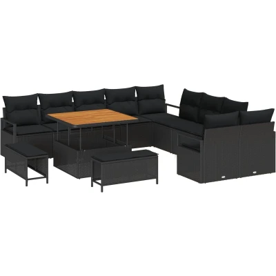 Afbeelding van vidaXL 13 delige Tuin Sofa Set met Kussens Zwart Poly Rattan Acacia, 2 zits Opbergruimte &amp; Rattan, 3 delig Eetset Acacia
