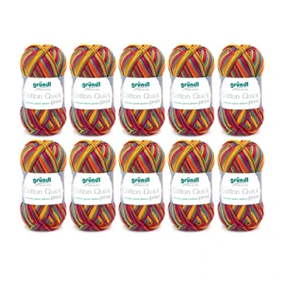 Afbeelding van Gründl Cotton Quick Print Breigaren/haakgaren (kleurrijk garen van 100% katoen, Oeko Tex gecertificeerd, 50 g/125 m, naalddikte: 3 4, 10 x g), Carneval Multicolor