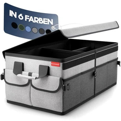 Afbeelding van HELDENWERK Premium kofferbak organizer met deksel, stabiel en antislip, opvouwbare kofferbaktas, groot, dubbele bodems, kofferbakorganizer, box