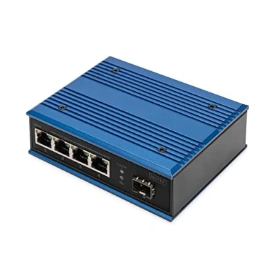 Afbeelding van DIGITUS industriële 5 poorts Gigabit PoE Ethernetschakelaar onbeheerd 4 RJ45 poorten + 1 SFP poort 10/100/1000 Mbps DIN rail montage IP40 beschermingsklasse blauw/zwart