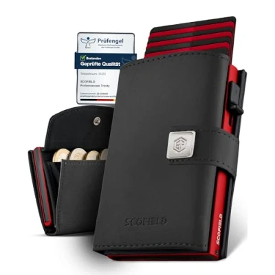 Afbeelding van SF SCOFIELD Trinity Slim Wallet met muntenvak, premium creditcardhouder voor heren, 10 12 kaarten, RFID bescherming, portefeuille mannen, Smart Wallet, Zwart Fire Red, Münzfach Max, Modern