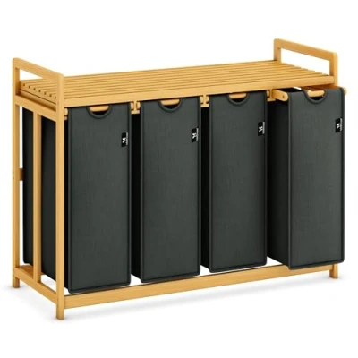 Afbeelding van AdealDream Wasmand met bamboeframe 200L 4 vakken uittrekbare en afneembare waszak wasverzamelaar laundry baskets bamboe lichtgrijs 06 19