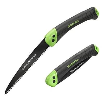 Afbeelding van WORKPRO Snoeizaag, 7 inch opvouwbare handzaag met veilig slot, bi metalen D6A+M2 zaagblad, drievoudige tanden, drukknop, zachte grip vouwzaag voor hout tuinieren Camping Bushcraft