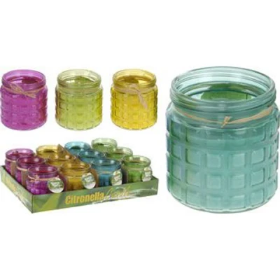 Afbeelding van Citronella kaars in glazen pot met relief Groen