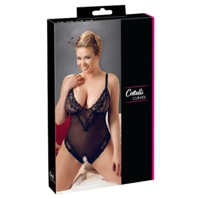 Afbeelding van Cottelli Plus Size Sexy Body met Open Kruis en Kanten Motieven Langs Randen voor Speciale Dates Maat 4XL Zwart
