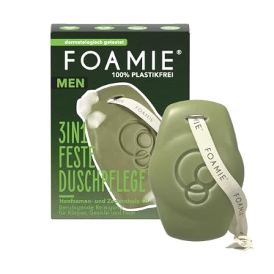 Afbeelding van Foamie 3 in 1 vaste douche mannen, hennepzaden en cederhoutolie, lichaam, gezicht, shampoo heren, rustgevende reiniging, 90 g extra verzorgingspakket