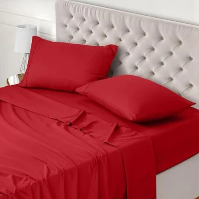 Afbeelding van Utopia Bedding 4 Delig Beddelakenset (Voor Beddenmaat 180x200 cm, Rood) Polyester Microvezel Stof 1 Hoeslaken &amp; Vlakke laken met 2 Kussenslopen 50x75 cm