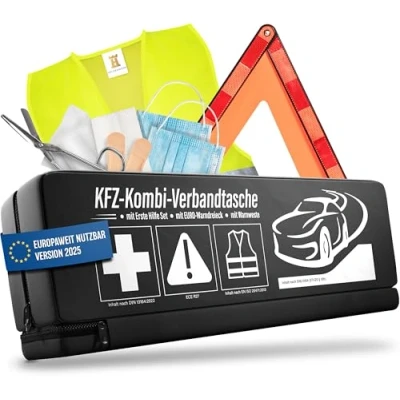 Afbeelding van HELDENWERK 3 in 1 EHBO set voor auto, 2024 heel Europa inzetbaar en getest (conform de verkeersregeling), combitas met veiligheidsvest, gevarendriehoek verbanddoos, accessoires ongevallen,