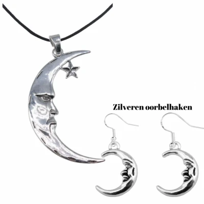 Afbeelding van 2 Delig Ketting Oorbellen Maan zilver Charme Bijoux