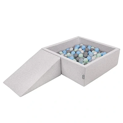 Afbeelding van KiddyMoon schuimspeelplaats voor kinderen met vierkante ballenbak (200 ballen), lichtgrijs: parelkleurig / grijs transparant babyblauw mintkleurig