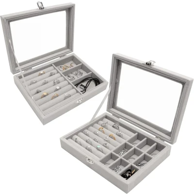 Afbeelding van Sieradenlade voor ringen en oorbellen, sieradendoos met 3 of 9 compartimenten, fluwelen voering (20*15*5cm)
