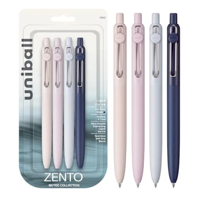 Afbeelding van uni ball Zento Gel Ink Rollerball pennen, 4 zwarte medium punt gladde schrijfpennen, gekleurde Japanse gedempte kleuren
