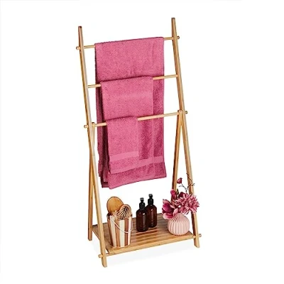 Afbeelding van Relaxdays handdoekenrek met plank, 3 stangen, handdoekhouder, HBD: 110 x 53 31,5 cm, badkamerrek, bamboe, natuur