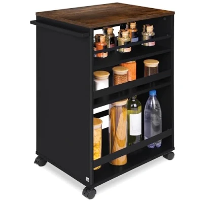 Afbeelding van bomoe Bengt Keukentrolley op Wieltjes 50x79x38 cm Serveerwagen Hout met 3 Planken &amp; FSC® werkblad Zwart Bruin