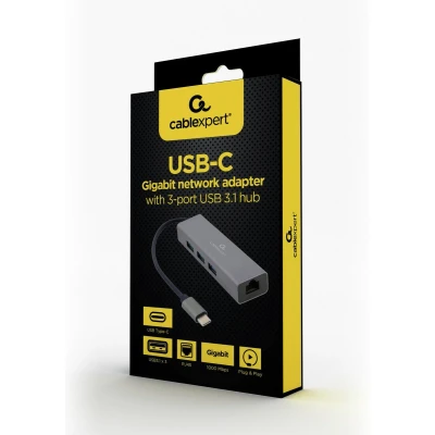Afbeelding van USB C Gigabit netwerk adapter met ingebouwde 3.1 hub