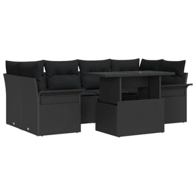 Afbeelding van vidaXL 7 delige tuinsofa set met kussens Zwart Poly Rattan