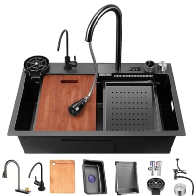 Afbeelding van Multifunctionele Digitale Display Waterval Spoelbak 304 Roestvrij Staal Keuken Single bowl Bar Met Kraan En Drainage Componenten Top Mount Of Onder (Color : B