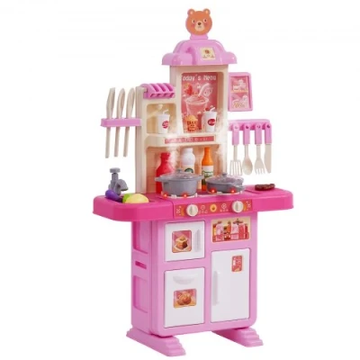 Afbeelding van VEVOR Keukenspeelgoed voor kinderen, simulatiespeelgoed met stoompan, geluid, licht, 48 delen, keukenaccessoires kleuters, kinderen van 3 tot 5 jaar, roze