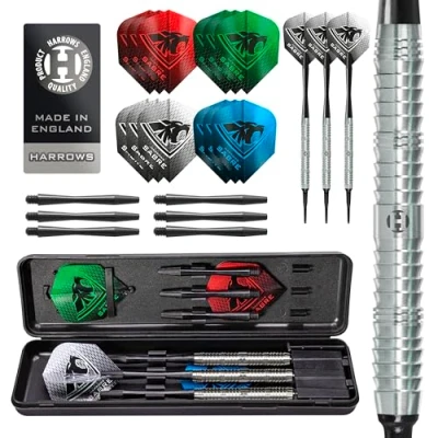 Afbeelding van Harrows Sabre 90% Tungsten Soft Tip 18g Pro Darts Set I Huge 16pcs Bundle with Spare Shafts, Prime Flights &amp; Travel Case