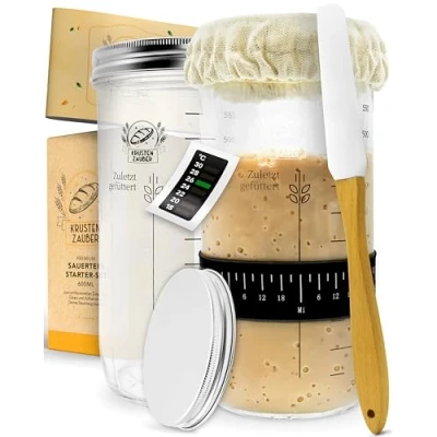Afbeelding van KRUSTENZAUBER 2 x zuurdeeg, starterset, 600 ml fermentatieglas met spatel en thermometer, brood bakaccessoires, zuurdeegglas, fermenteren, zuurdeeg aanzetgoed glas,