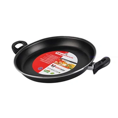 Afbeelding van MAGEFESA Black Paella pan, 34 cm, van geëmailleerd staal, buitenkant, zwart, versterkte antiaanbaklaag, geschikt voor alle warmtebronnen, met name inductie, 50% energiebesparing.