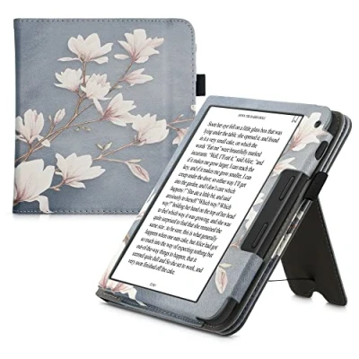 Afbeelding van kwmobile e reader hoesje compatibel met Tolino Vision 6 Ereader case van kunstleer Magnolia in taupe/wit/blauwgrijs