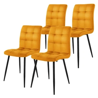 Afbeelding van Eetkamerstoel set van 4 mosterdgele fluwelen bekleding met metalen poten incl. montagemateriaal ML Design