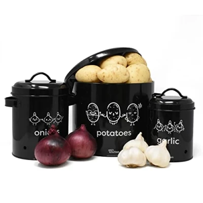 Afbeelding van joeji&#039;s Kitchen Ui en aardappel opslag set van 3, metalen voedselbak container potten met deksel 360 luchtcirculatie houdt groenten langer vers knoflook pot