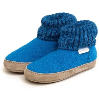 Afbeelding van Gottstein Vilten pantoffels Alpine Boot LE voor meisjes en jongens kinderpantoffels van puur scheerwol met elastische gebreide band gezellige leren zool, Arctic Blue., 23 EU